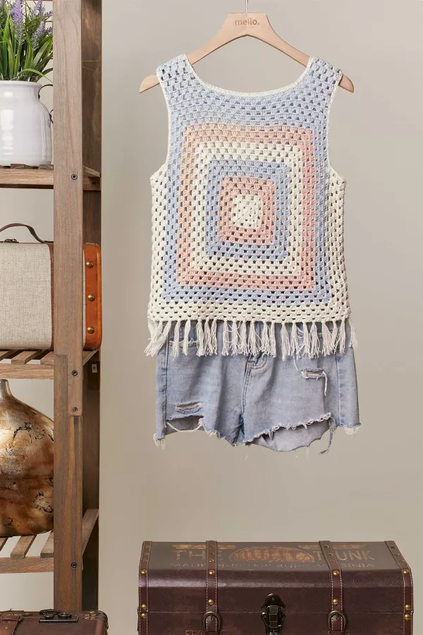 wholesale clothing hand made crochet square pattern fringe vest mello