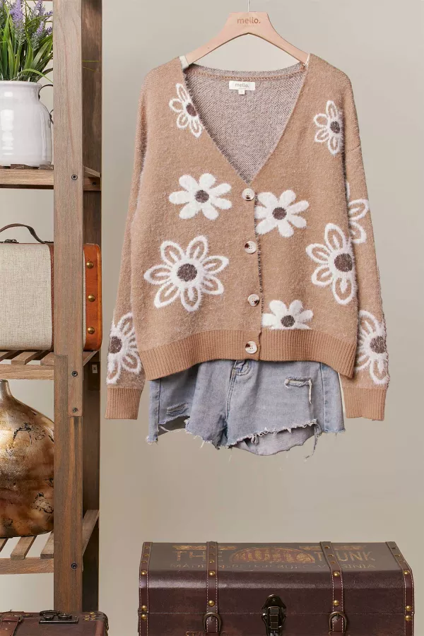 wholesale clothing daisy patterned fuzzy knit cardigan mello
