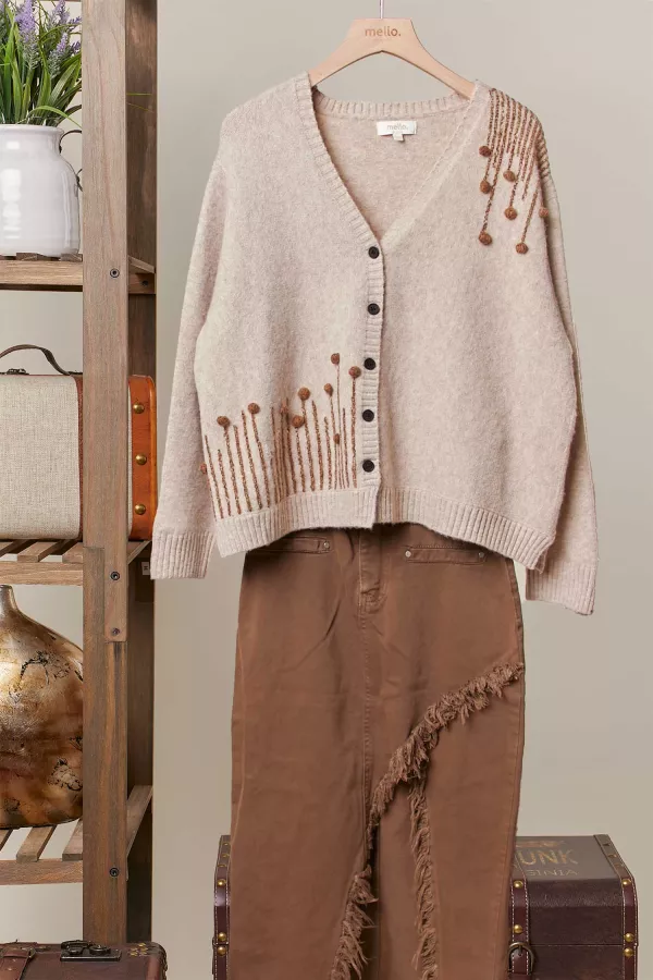 wholesale clothing embroidered textured v-neck cardigan sweater mello