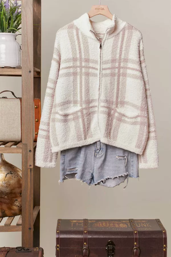 wholesale clothing high neck  plaid knit zip up jacket mello