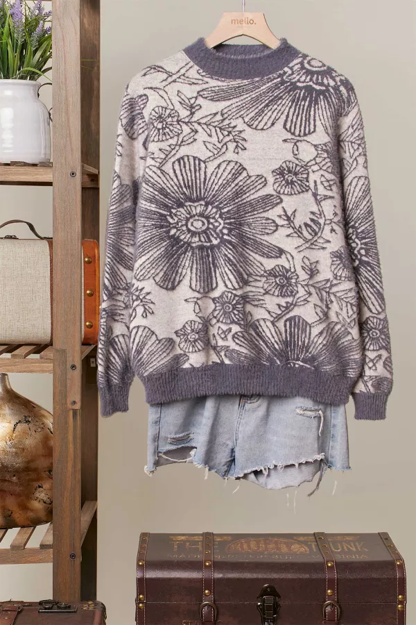 wholesale clothing contrast trim crew neck floral knit mello