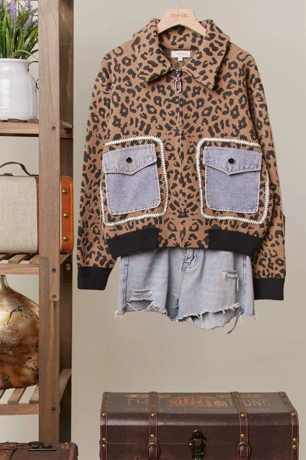 wholesale clothing leopard print zip-up knit jackets mello