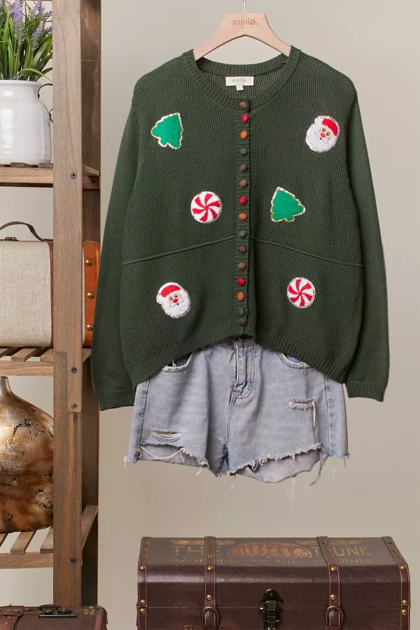 wholesale clothing colorful button cardigan with christmas patches mello