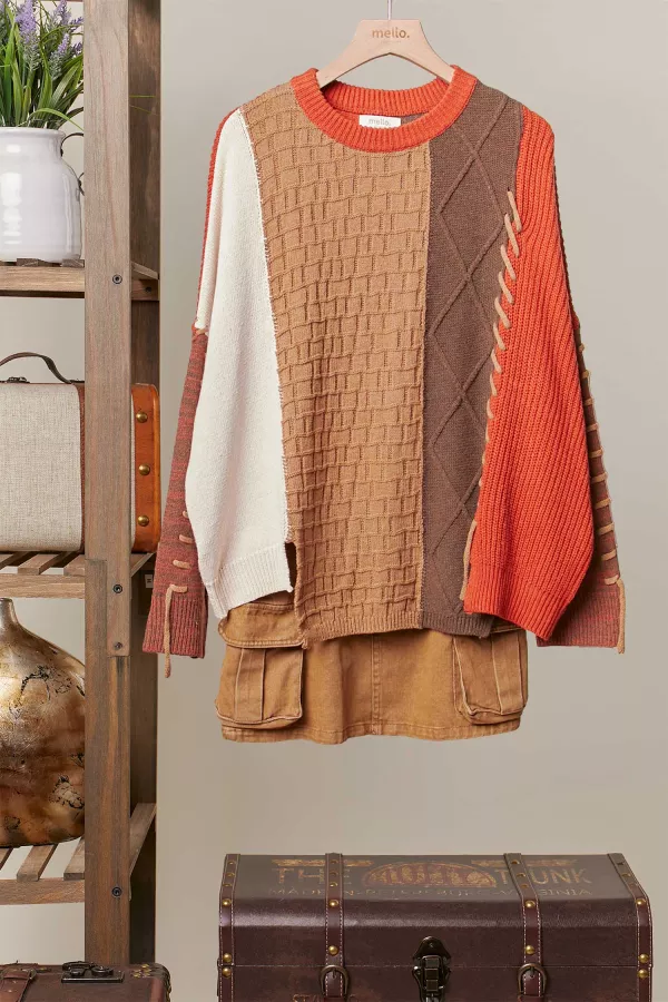 wholesale clothing color block sweater with drawstring details mello