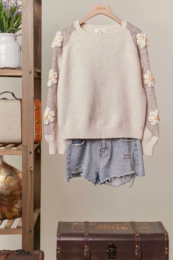 wholesale clothing floral fuzzy texture long sleeves sweater mello
