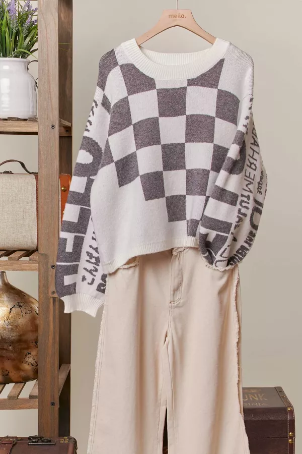 wholesale clothing checkerboard hola crew neck knit sweater mello