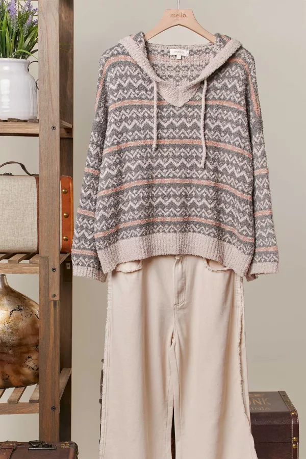 wholesale clothing zigzag pattern fleece knit hoodie mello