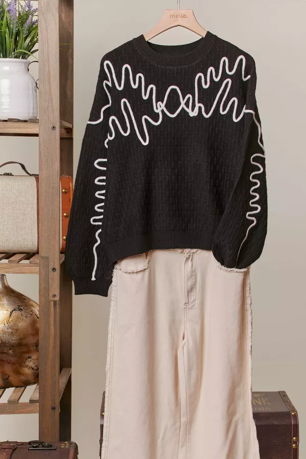 wholesale clothing wave embroidery crew neck sweater mello