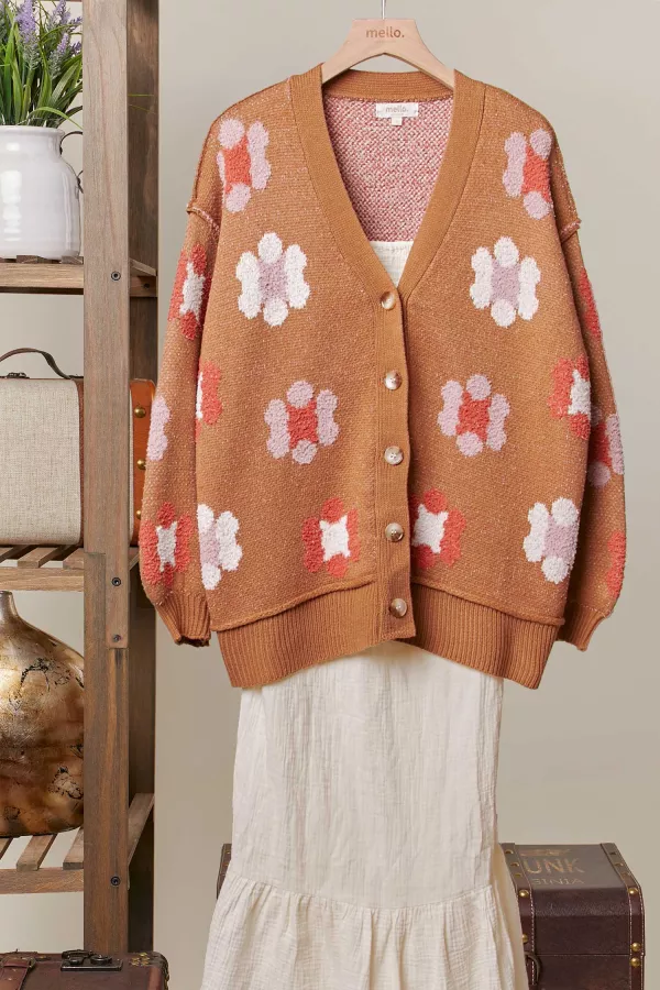 wholesale clothing daisy patterned fuzzy knit cardigan mello
