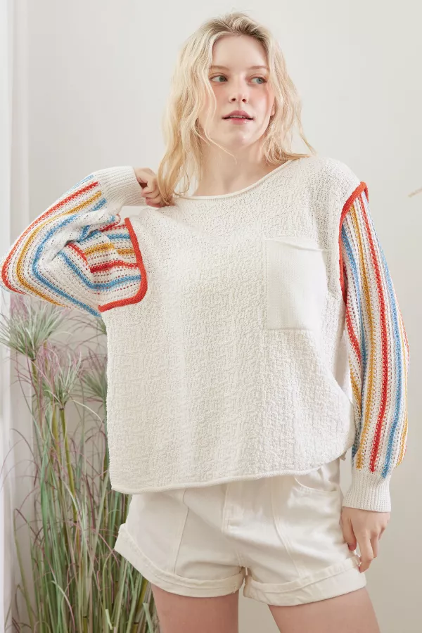 wholesale clothing boat neck multi stripe sleeves knit sweater mello