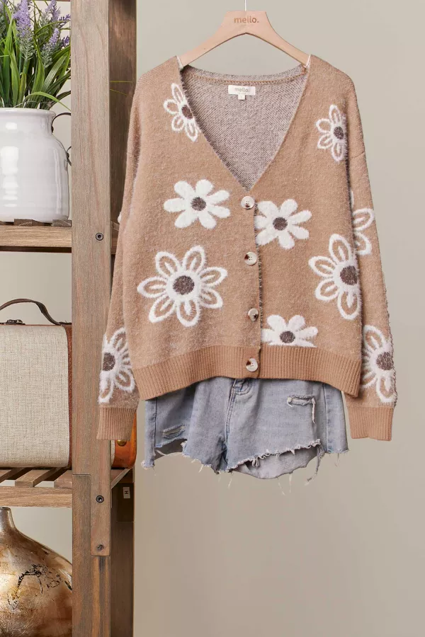 wholesale clothing daisy patterned fuzzy knit cardigan mello