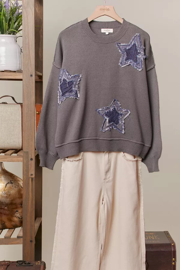 wholesale clothing distressed star patch crew neck knit sweater mello