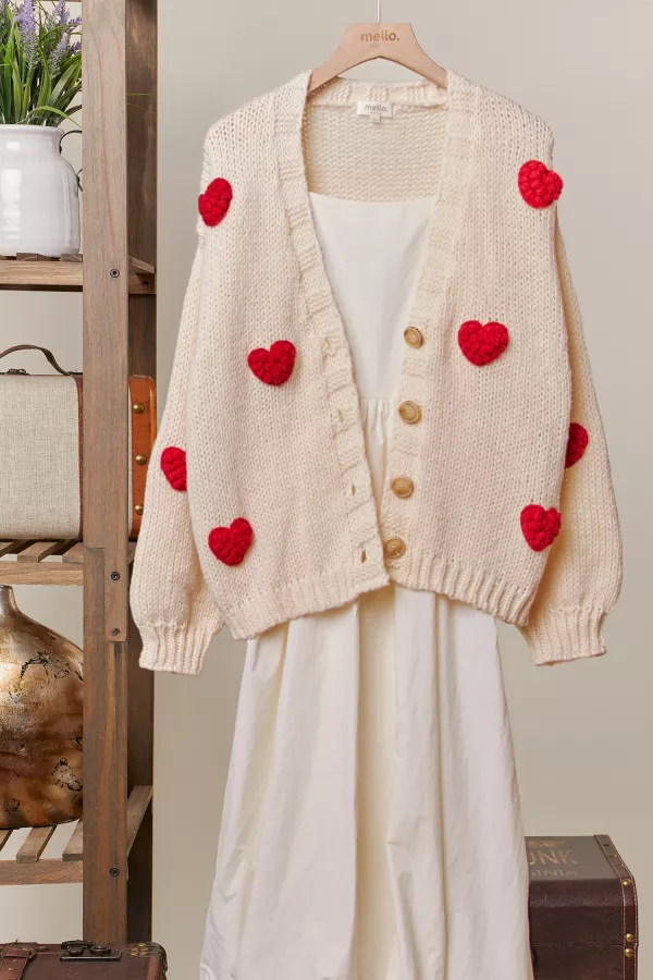 wholesale clothing heart patch  v-neck knit cardigan mello