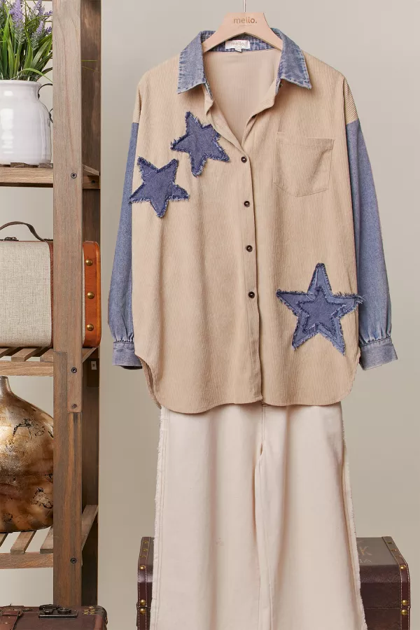wholesale clothing corduroy shirt denim collar with distressed star mello