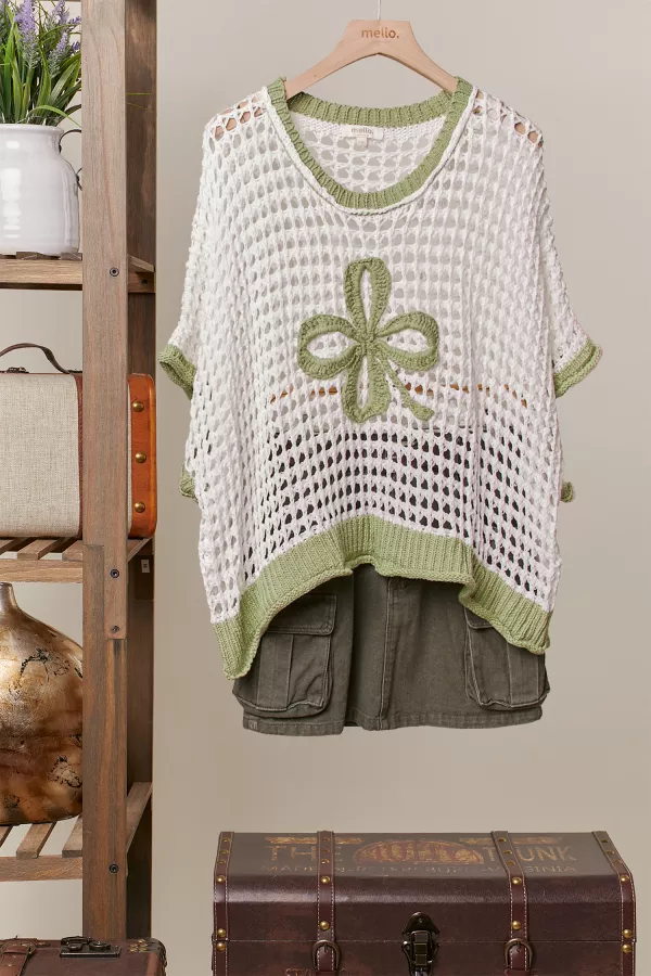 wholesale clothing contrast crochet knit top with clover mello