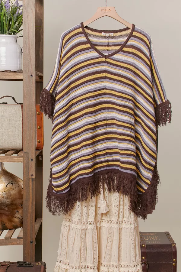 wholesale clothing contrast striped short sleeve knit tassel top mello