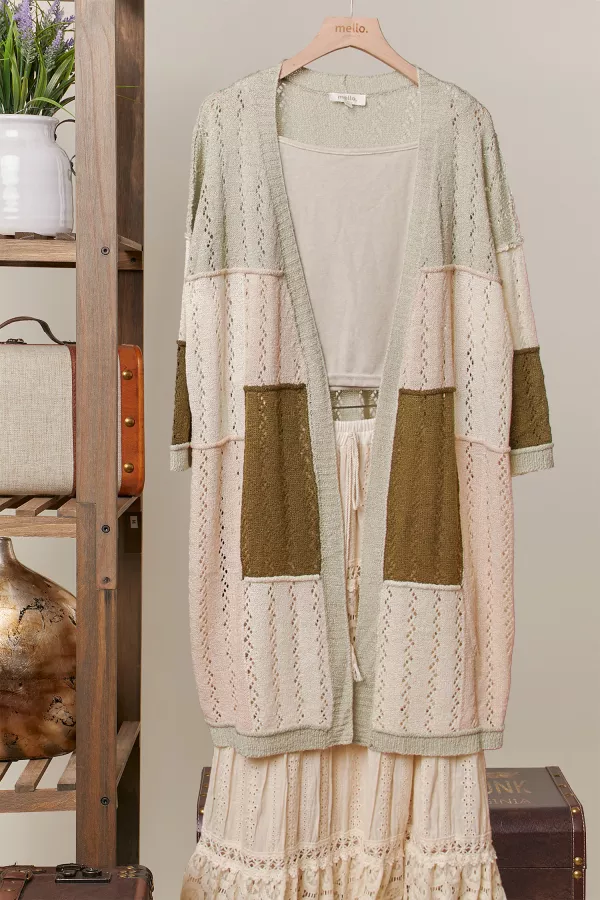 wholesale clothing color block patch pocket long cardigan mello