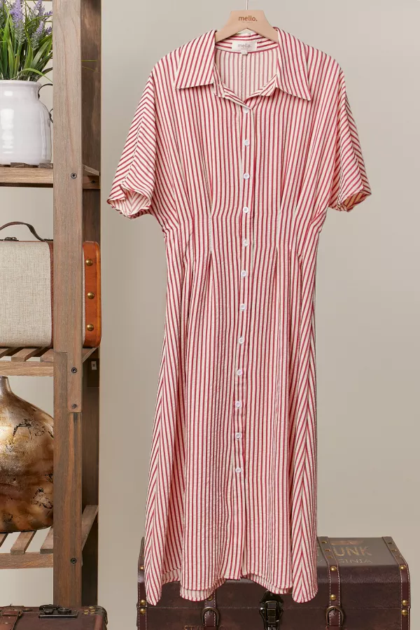 wholesale clothing stripe button front waist-tucked midi dress mello