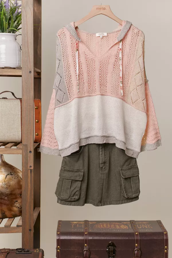 wholesale clothing clorblock crochet knit hoodie mello
