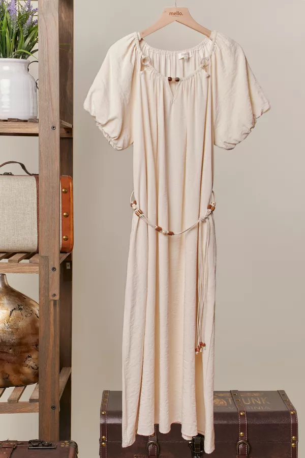 wholesale clothing puff sleeve boho bead detail midi dress mello