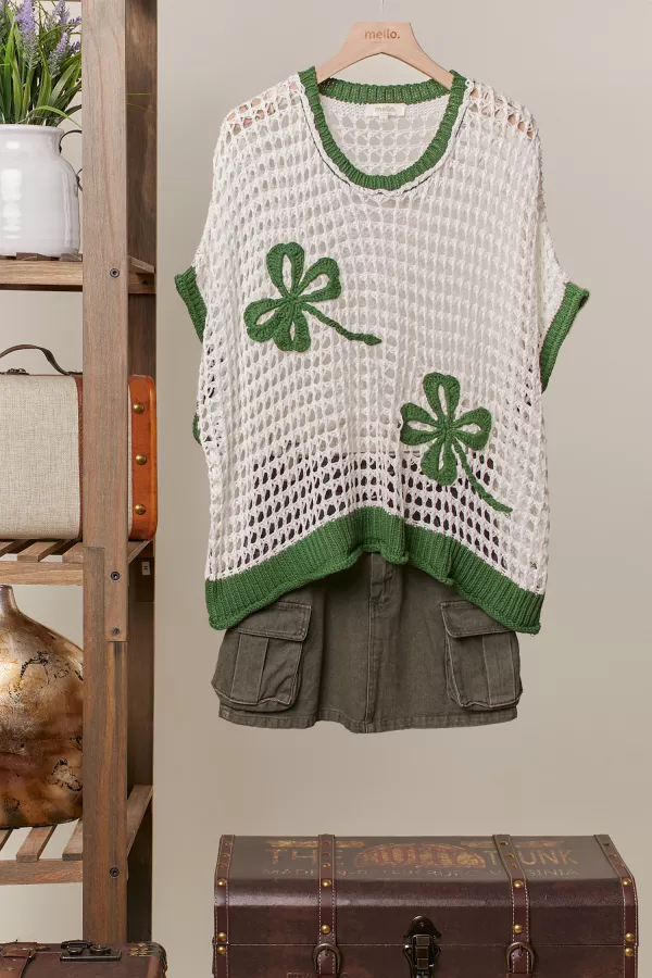wholesale clothing contrast crochet knit top with clover mello