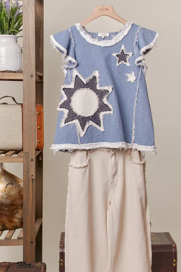 wholesale clothing distressed star sun patch tweed crew neck top mello