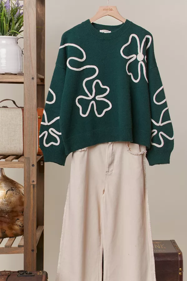 wholesale clothing clover embroidery crew neck sweater mello
