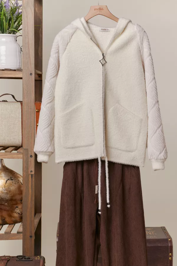 wholesale clothing furry zip up hoodie with pattern sleeve mello