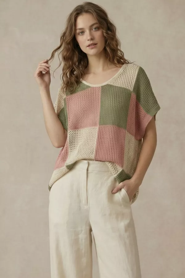 wholesale clothing pastel checkered knit top with loose fit mello