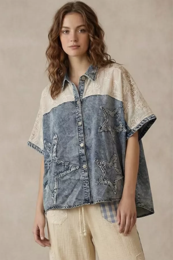 wholesale clothing denim star accentshort sleeve shirt mello