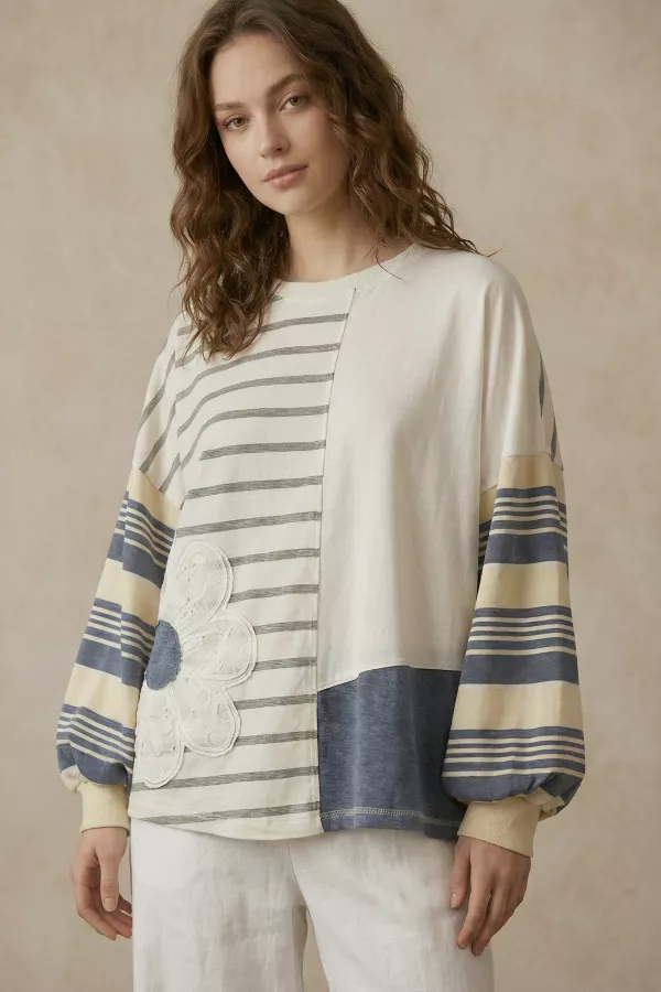 wholesale clothing striped floral embroidered top mello