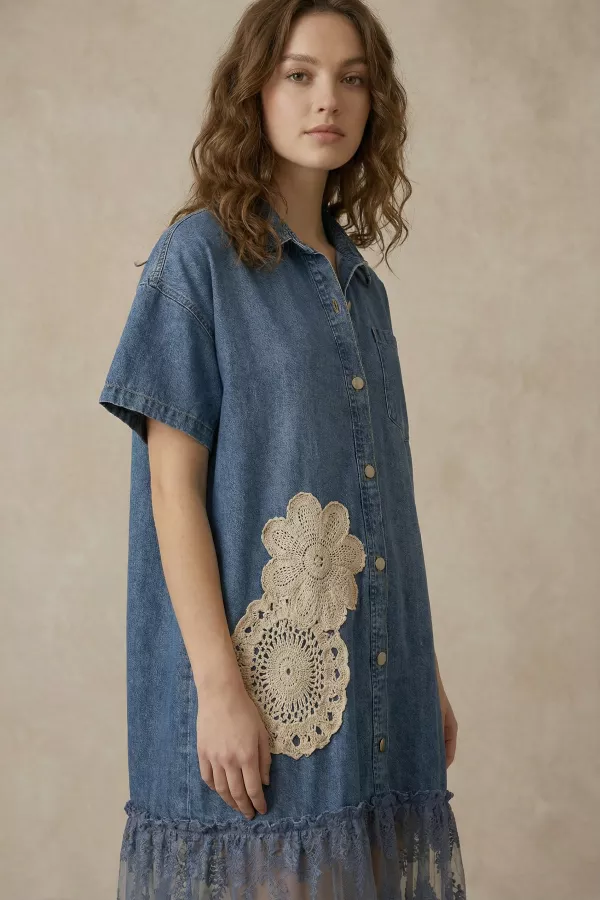wholesale clothing denim shirt dress with lace detail mello