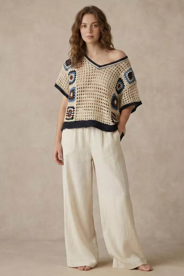 wholesale clothing boho crochet patchwork v neck short sleeve top mello