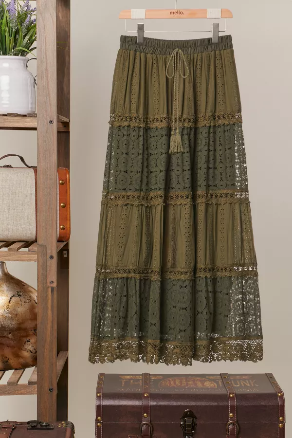 wholesale clothing elastic waist maxi skirt with lace trim mello