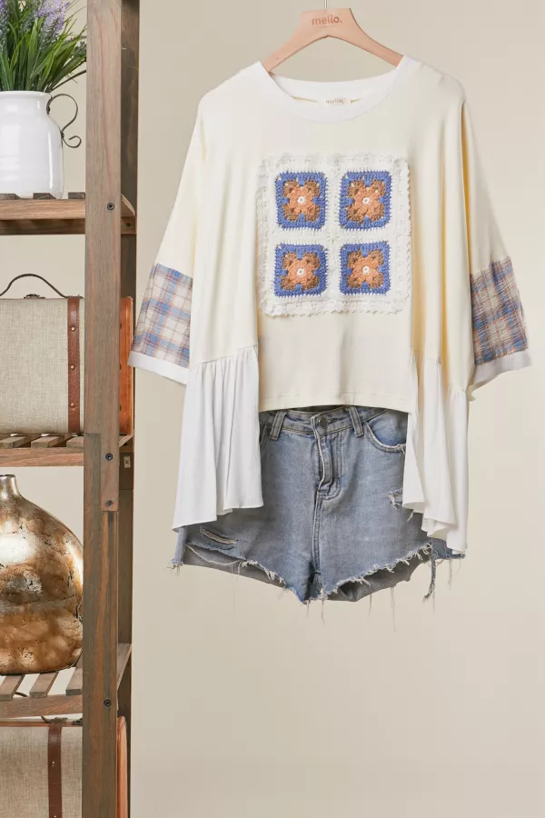 wholesale clothing patchwork motif knit top sheer layered sleeves mello