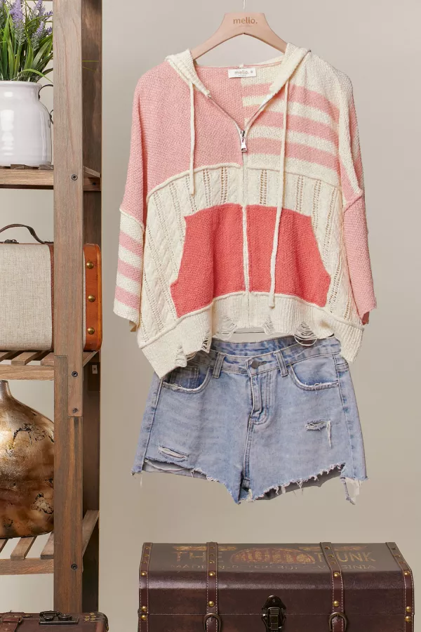 wholesale clothing stripe distressed knit hoodie mello