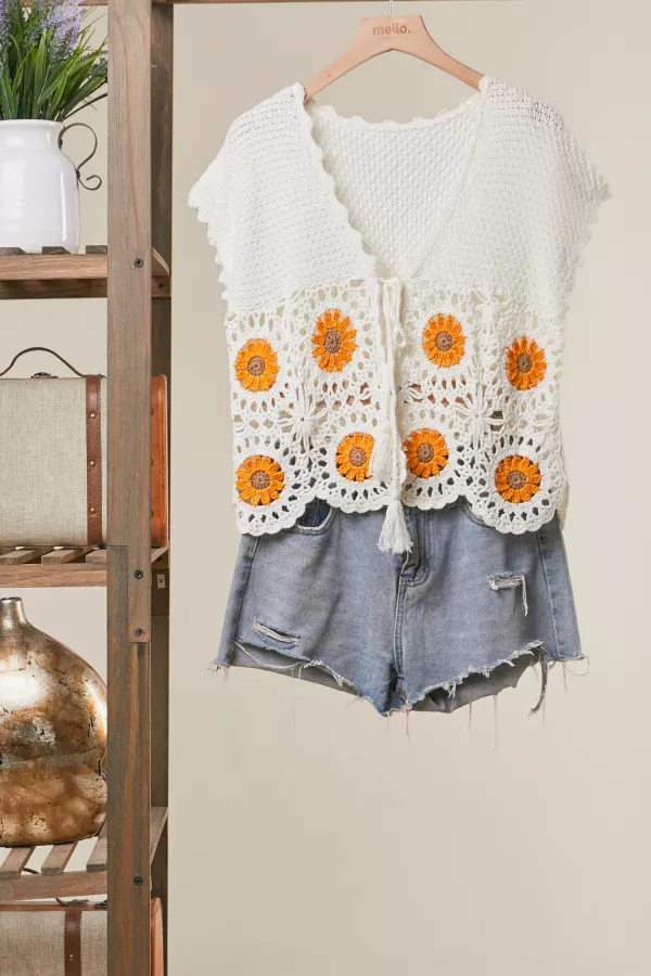 wholesale clothing boho crochet sunflower cardigan with lace tiered mello
