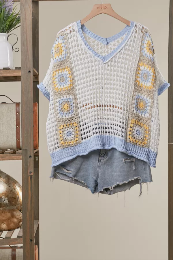 wholesale clothing boho crochet patchwork v neck short sleeve top mello