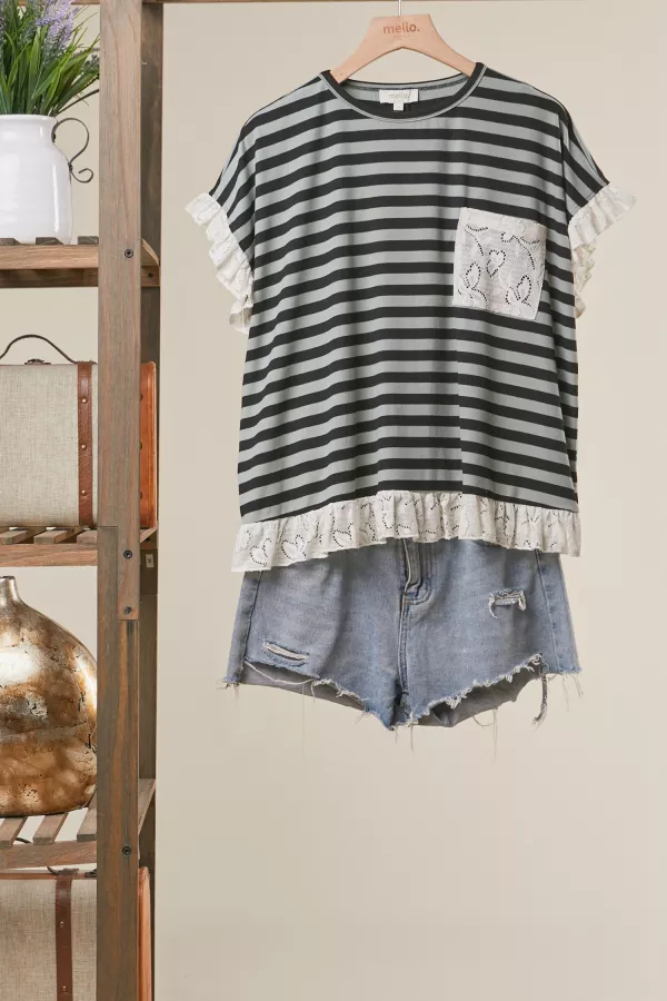 wholesale clothing striped top with lace trim mello
