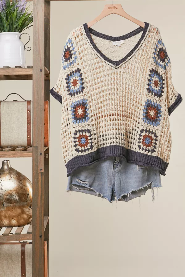 wholesale clothing boho crochet patchwork v neck short sleeve top mello