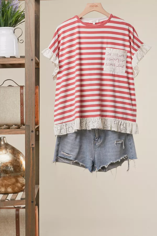 wholesale clothing striped top with lace trim mello