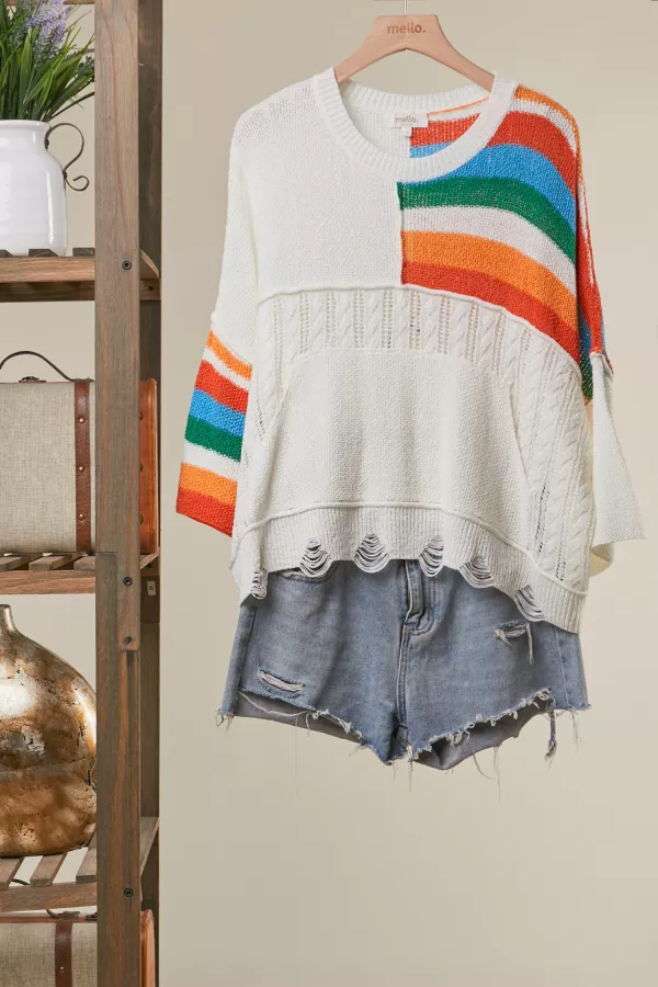 wholesale clothing color block cable knit sweater with scalloped hem mello