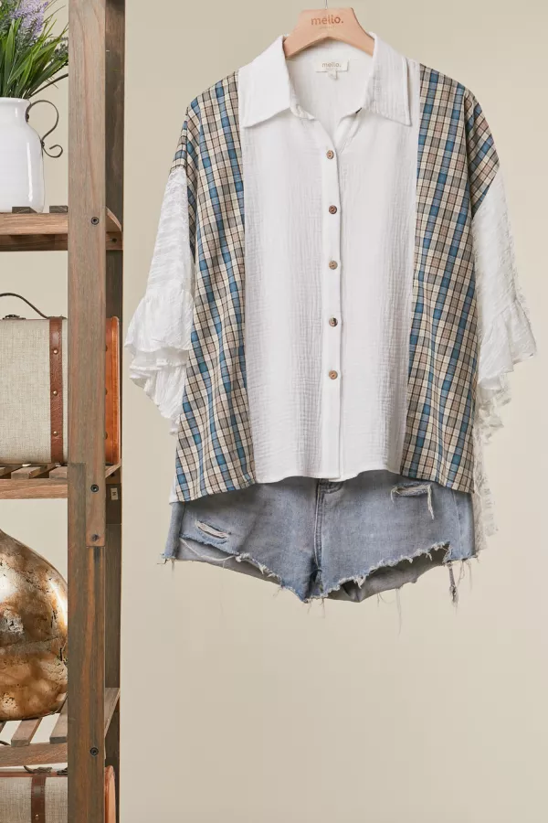 wholesale clothing chker print with button down shirt top mello