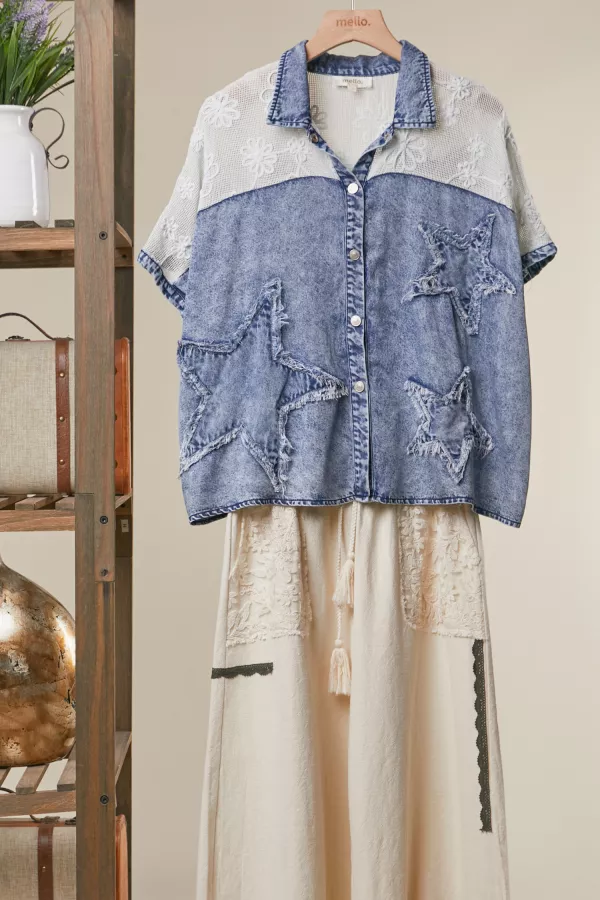 wholesale clothing denim star accentshort sleeve shirt mello