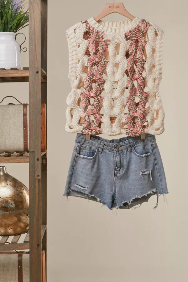 wholesale clothing crochet knit top with floral appliqué detailing. mello