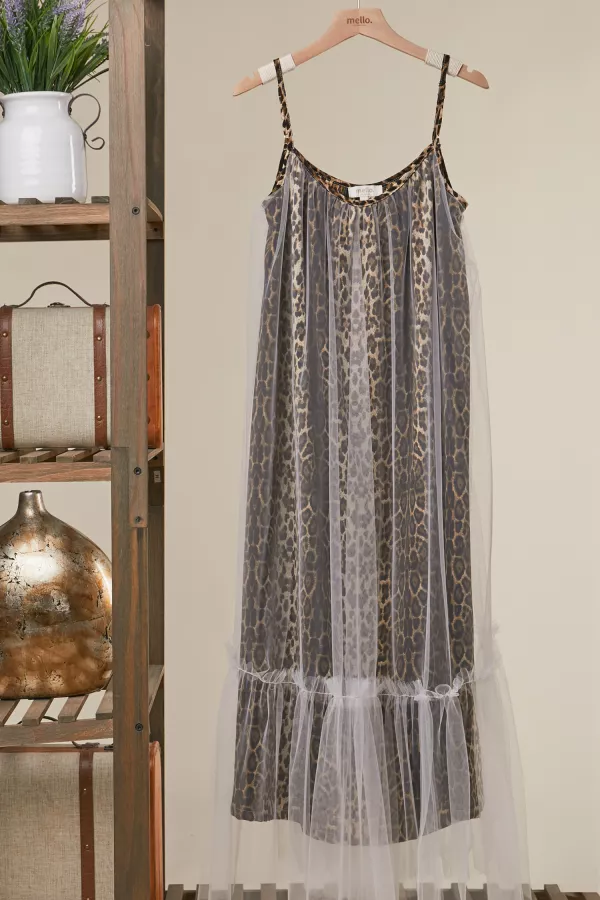 wholesale clothing leopard print mesh dress with tulle hem mello