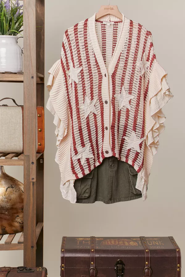 wholesale clothing star patch open-knit top with ruffle detail mello