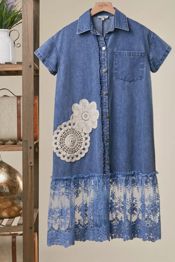 wholesale clothing denim shirt dress with lace detail mello