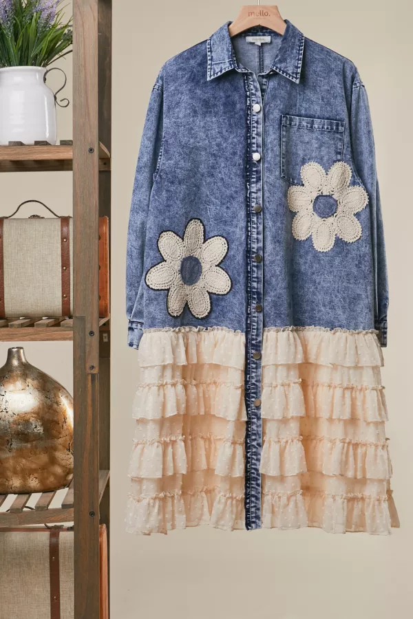 wholesale clothing floral patch denim shirt dress with lace ruffle mello