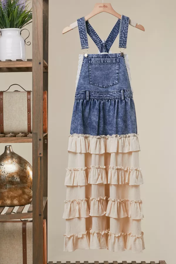 wholesale clothing denim overall dress with tiered ruffle skirt mello